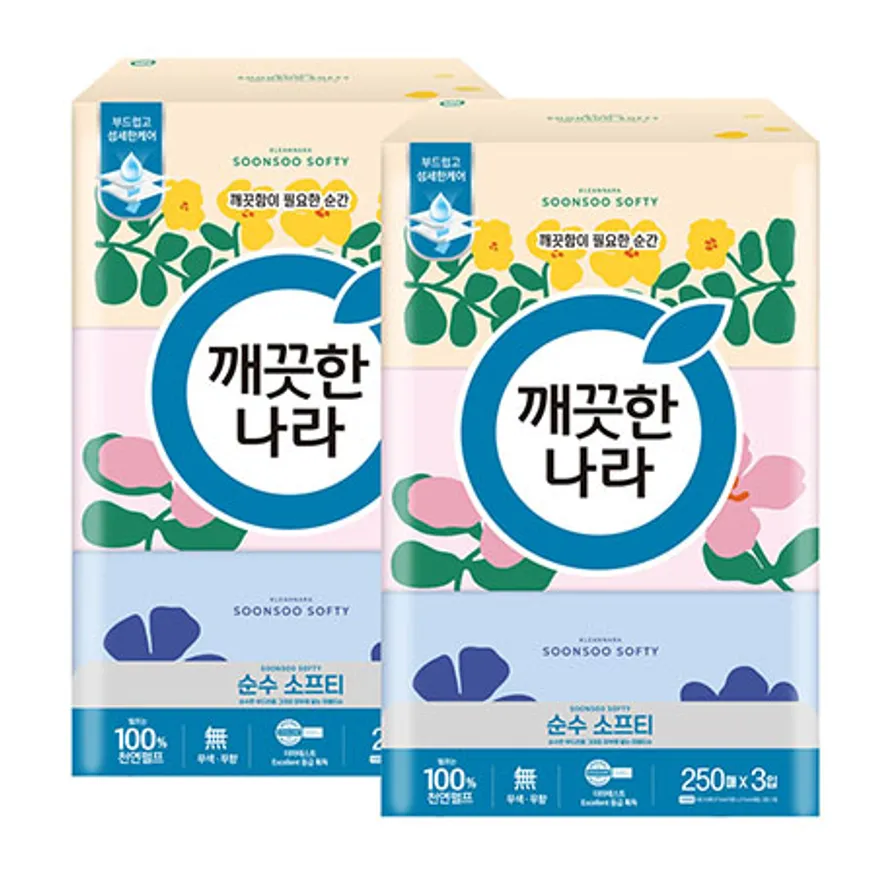 깨끗한나라 미용티슈 순수 소프티 250매 3입 2팩 이미지