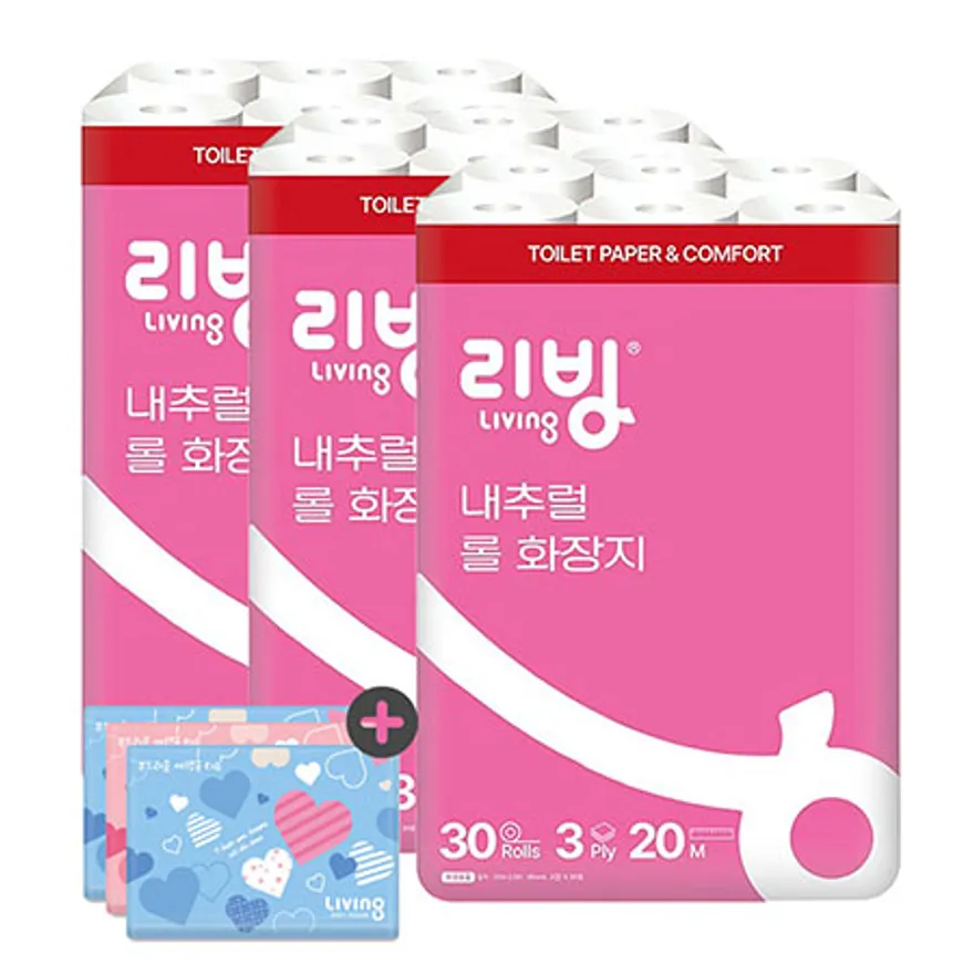 삼정펄프 리빙 내추럴 롤 화장지 20m 30롤 3개 + 리빙 여행용 40매 3개 이미지