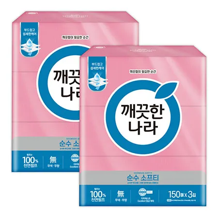 깨끗한나라 미용티슈 순수 소프티 150매 3입 2팩