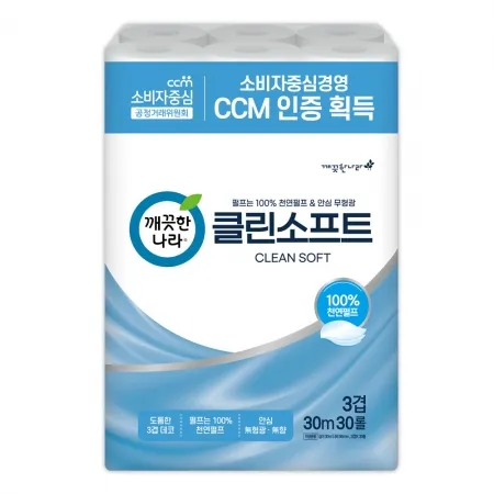 깨끗한나라 화장지 3겹 클린 소프트 30m 30롤 1팩