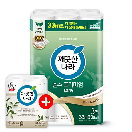 깨끗한나라 화장지 3겹 순수프리미엄 33m 30롤 1팩 + 키친타올 100매 2롤