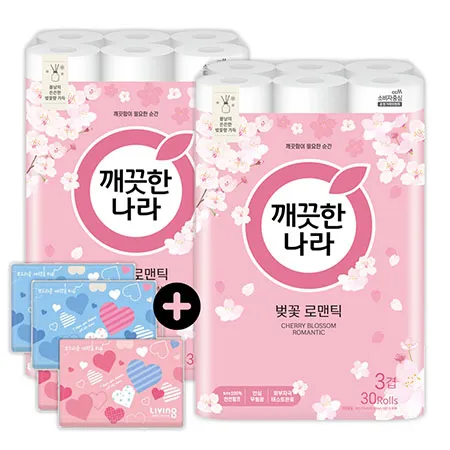 깨끗한나라 화장지 3겹 벚꽃 로맨틱 27m 30롤 2팩 + 여행용티슈 40매 4개