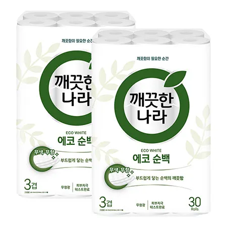 깨끗한나라 화장지 3겹 에코 순백 30m 30롤 2팩