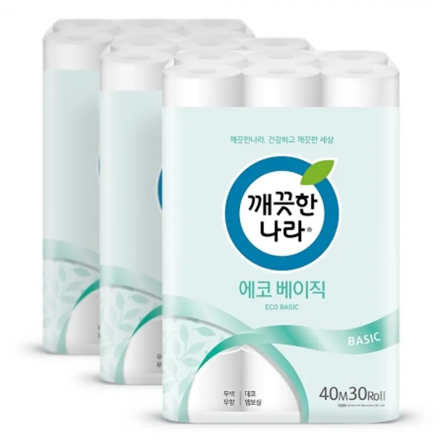 깨끗한나라 화장지 에코 베이직 40m 30롤 3팩 이미지