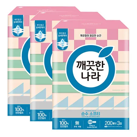 깨끗한나라 미용티슈 순수 소프티 200매 3입 3팩