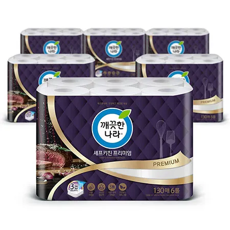 깨끗한나라 3겹 셰프키친 프리미엄 키친타올 130매 6롤 6팩