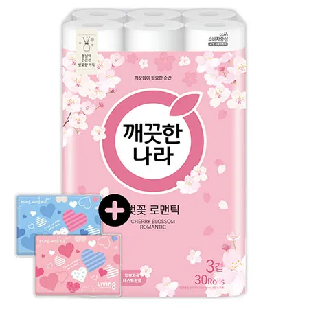 깨끗한나라 화장지 3겹 벚꽃 로맨틱 27m 30롤 1팩 + 여행용티슈 40매 2개