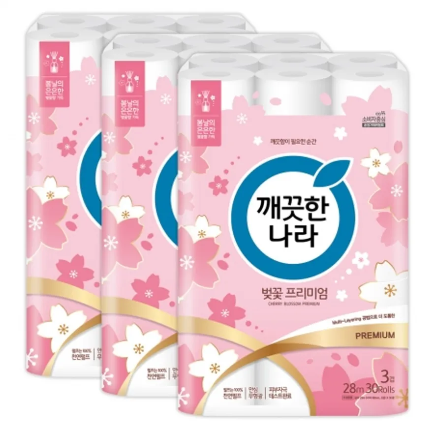 깨끗한나라 화장지 3겹 허브가든 벚꽃 프리미엄 28m 30롤 3팩 이미지