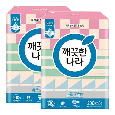 깨끗한나라 미용티슈 순수 소프티 200매 3입 2팩