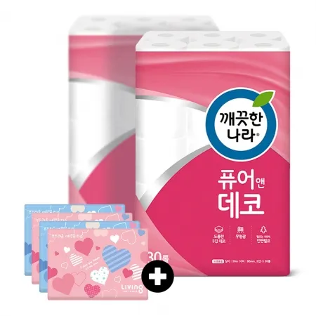 깨끗한나라 화장지 3겹 퓨어앤데코 30m 30롤 2팩 + 여행용티슈 40매 4개