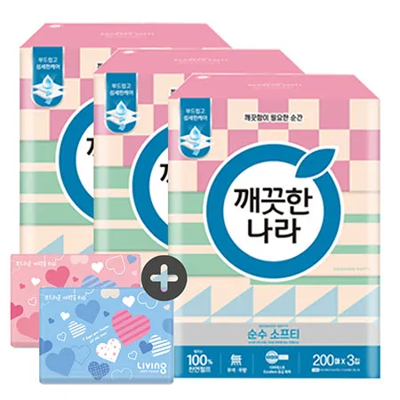 깨끗한나라 미용티슈 순수 소프티 200매 3입 3팩 + 여행용티슈 40매 2개