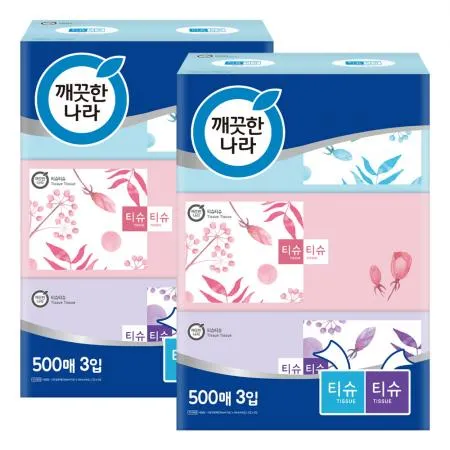 깨끗한나라 티슈티슈 미용티슈 500매 3입 2팩