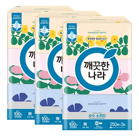 깨끗한나라 미용티슈 순수 소프티 250매 3입 3팩