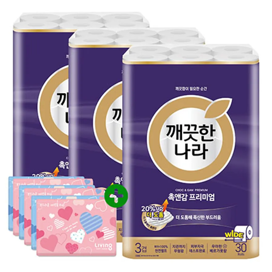 깨끗한나라 화장지 3겹 촉앤감 프리미엄 30m 30롤 3팩 + 여행용티슈 40매 6개 이미지