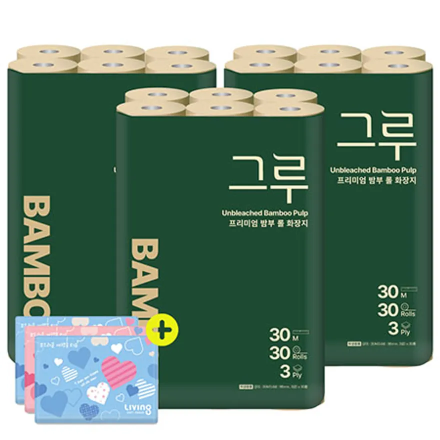 삼정펄프 그루 프리미엄 밤부 화장지 30m 30롤 3팩 + 여행용티슈 40매 3개 이미지