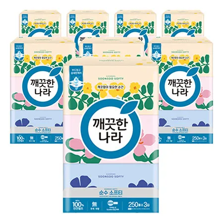 깨끗한나라 미용티슈 순수 소프티  250매 3입 8팩