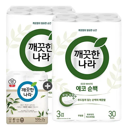 깨끗한나라 화장지 3겹 에코 순백 30m 30롤 2팩 + 키친타올 100매 2롤
