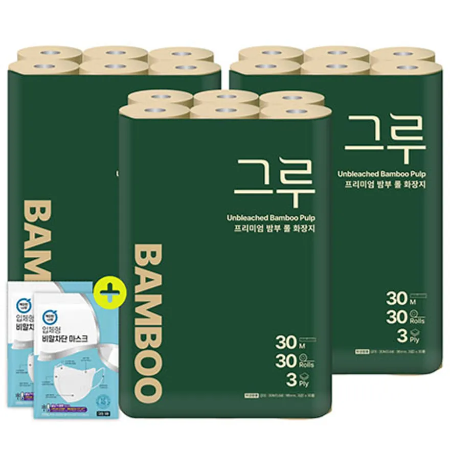 삼정펄프 밤부 프리미엄 화장지 30m 30롤 3팩 + 입체형 비말차단 마스크3p 2매 이미지