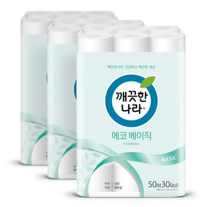 깨끗한나라 화장지 에코 베이직 50m 30롤 3팩 이미지