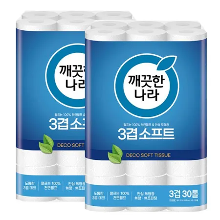 깨끗한나라 화장지 3겹 소프트 27m 30롤 2팩