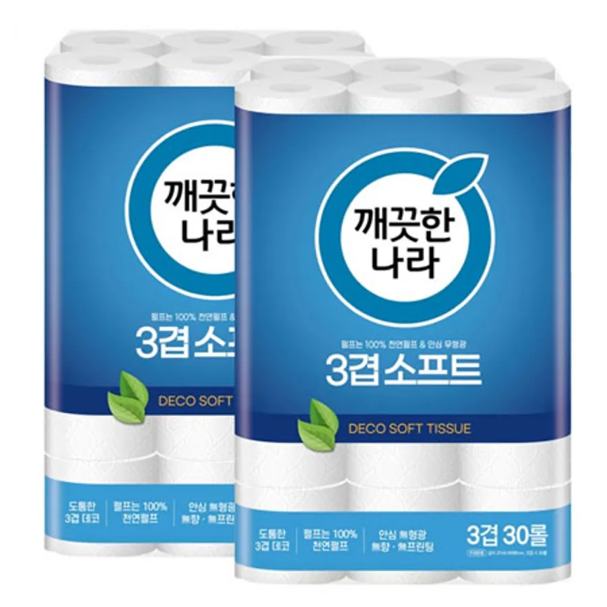 깨끗한나라 화장지 3겹 소프트 27m 30롤 2팩 이미지