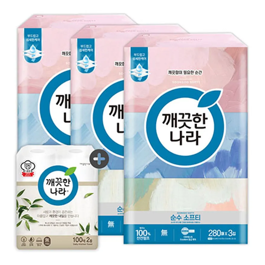 깨끗한나라 미용티슈 순수 소프티 280매 3입 3팩 + 키친타올 100매 2롤 이미지
