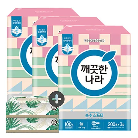 깨끗한나라 미용티슈 순수 소프티 200매 3입 3팩 + 미용티슈 70매 2개