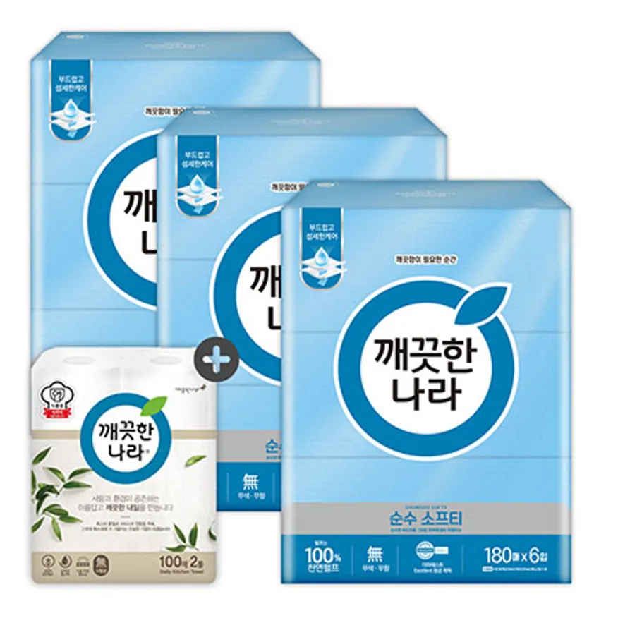 깨끗한나라 미용티슈 순수 소프티 180매 6입 3팩 + 키친타올 100매 2롤 이미지
