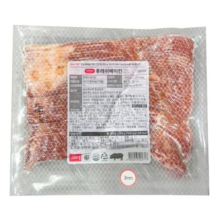 에스푸드 에쓰푸드 후레쉬베이컨 3mm 슬라이스 1kg 냉동베이컨 피자토핑