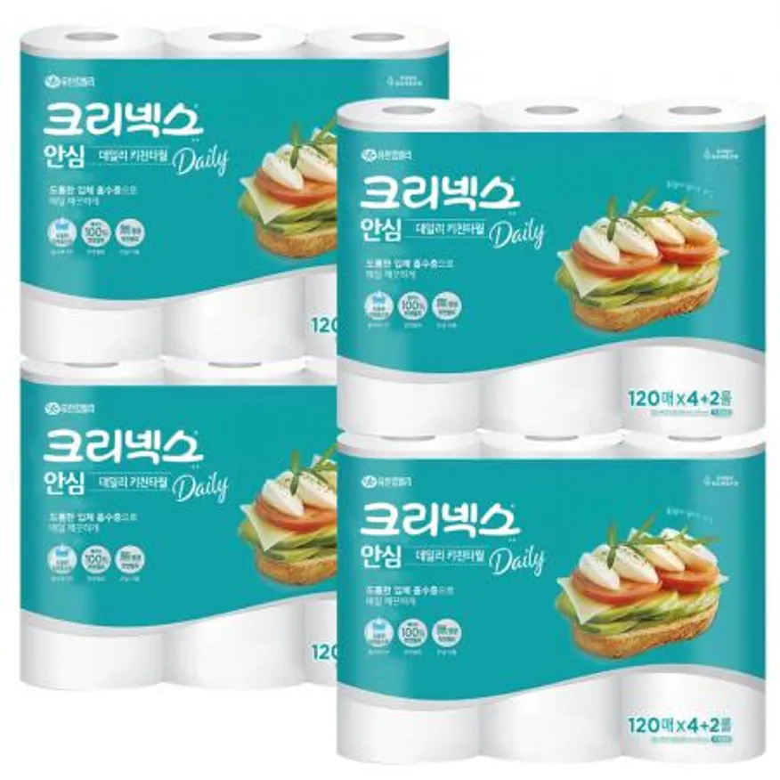 크리넥스 키친타올 안심 2겹 120매 4+2롤 x4개 이미지