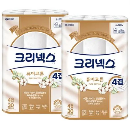 크리넥스 4겹 퓨어코튼 화장지 25m 30롤 x2개