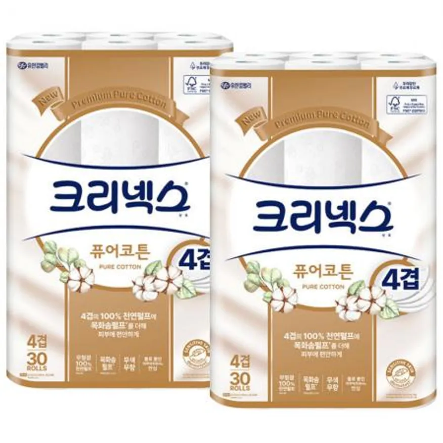 크리넥스 4겹 퓨어코튼 화장지 25m 30롤 x2개 이미지
