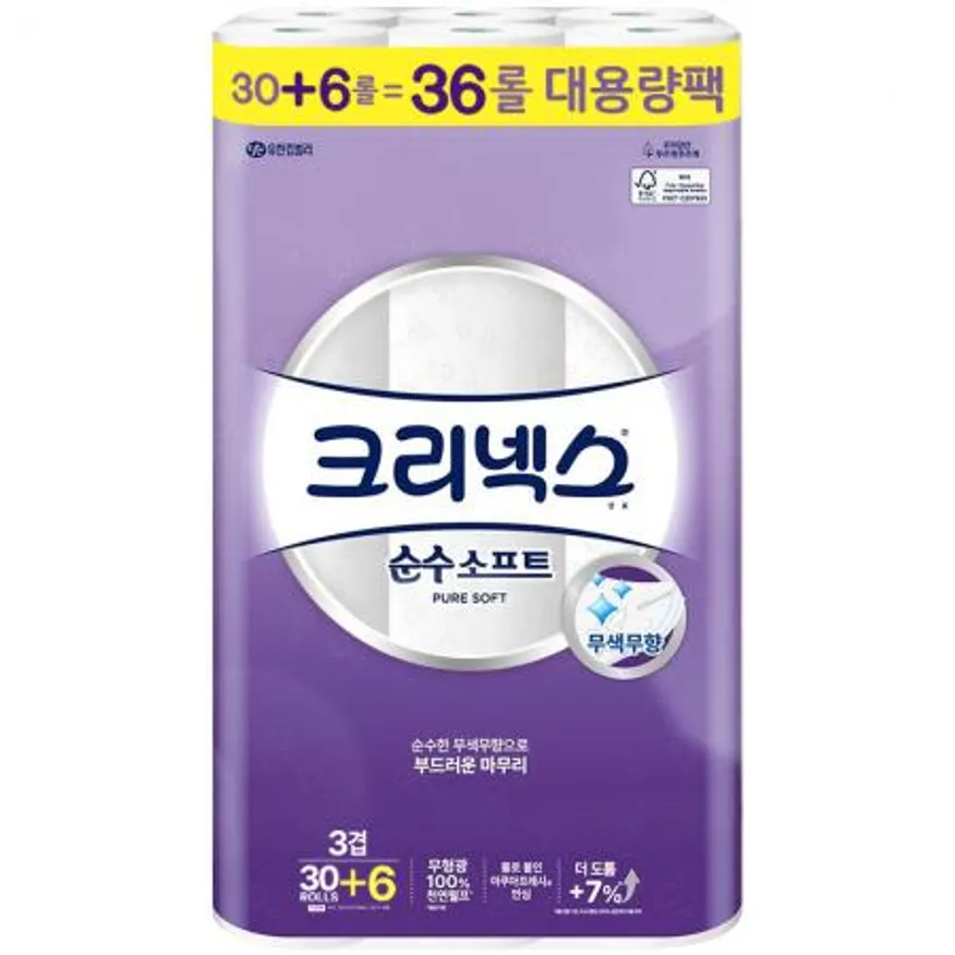 크리넥스 3겹 순수소프트 무색무향 화장지 30m 36롤 x1개 이미지
