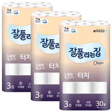 잘풀리는집 3겹 터치 화장지 25M 30롤 x3개