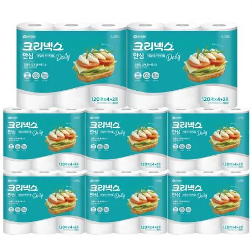 크리넥스 키친타올 안심 2겹 120매 4+2롤 x8개 이미지
