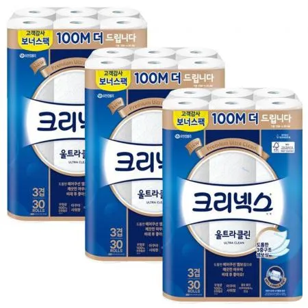 (100m보너스) 크리넥스 3겹 울트라클린 데코 화장지 25+3m 30롤 x3개
