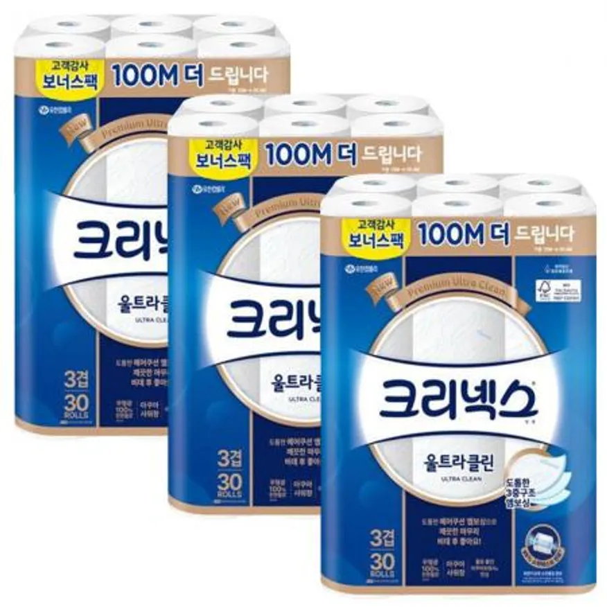 (100m보너스) 크리넥스 3겹 울트라클린 데코 화장지 25+3m 30롤 x3개 이미지