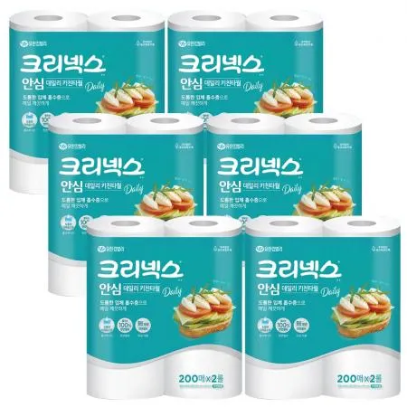 크리넥스 키친타월 안심 2겹 클래식 200매 2롤 x6개
