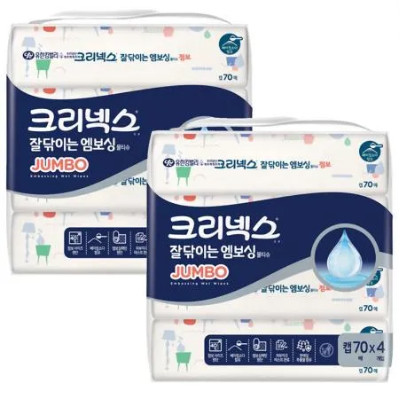 크리넥스 잘닦이는 엠보 점보 물티슈 캡형 70매 4입 x 2묶음