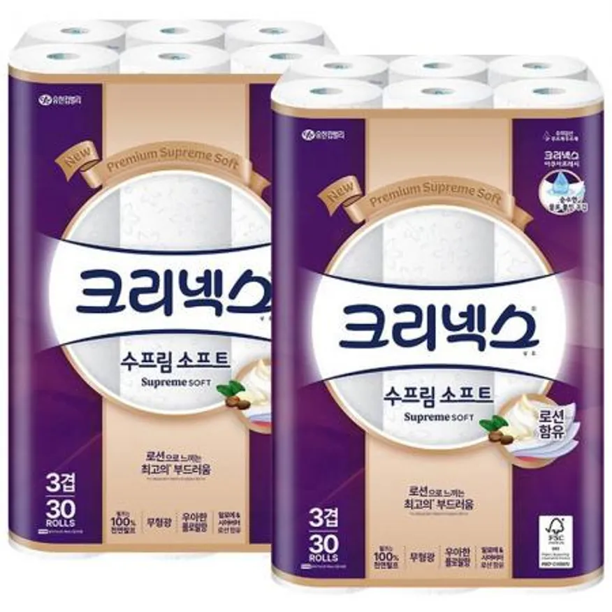 크리넥스 3겹 수프림 소프트 로션함유 화장지 27m 30롤 x2개 이미지