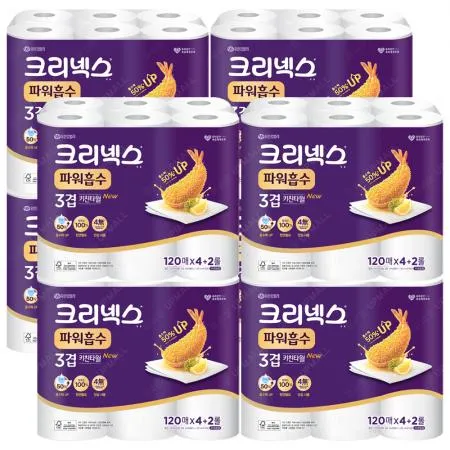 크리넥스 키친타월 안심 프리미엄 3겹 120매 4+2롤 x8개