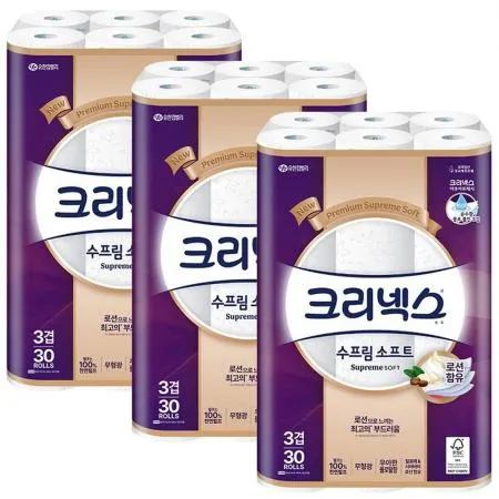 크리넥스 3겹 수프림 소프트 로션함유 화장지 27m 30롤 x3개