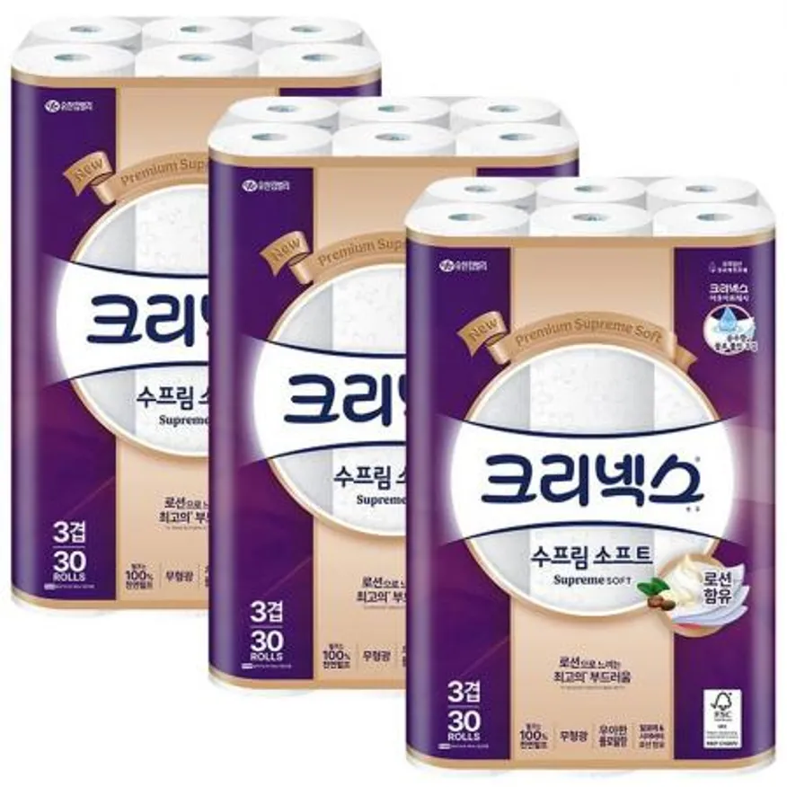 크리넥스 3겹 수프림 소프트 로션함유 화장지 27m 30롤 x3개 이미지