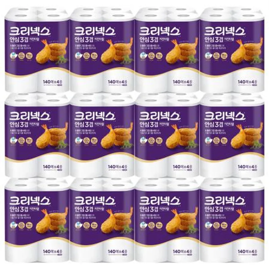 크리넥스 키친타올 프리미엄 3겹 140매 4롤 x12개 이미지