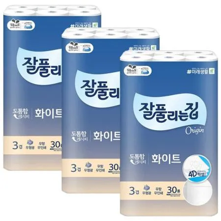 잘풀리는집 3겹 화이트 화장지 28M 30롤 x3개