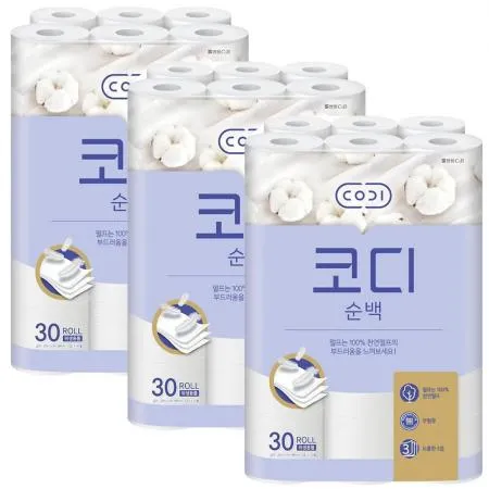 코디 3겹 순백 화장지 25m 30롤 x3개
