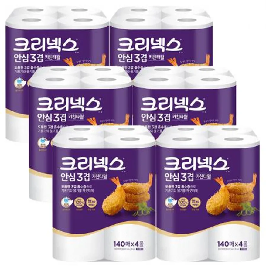 크리넥스 키친타올 프리미엄 3겹 140매 4롤 x6개 이미지
