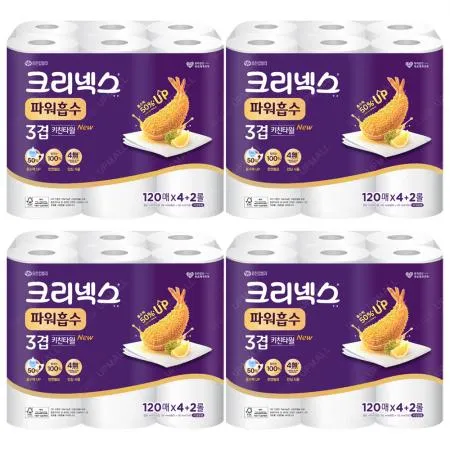 크리넥스 키친타월 안심 프리미엄 3겹 120매 4+2롤 x4개