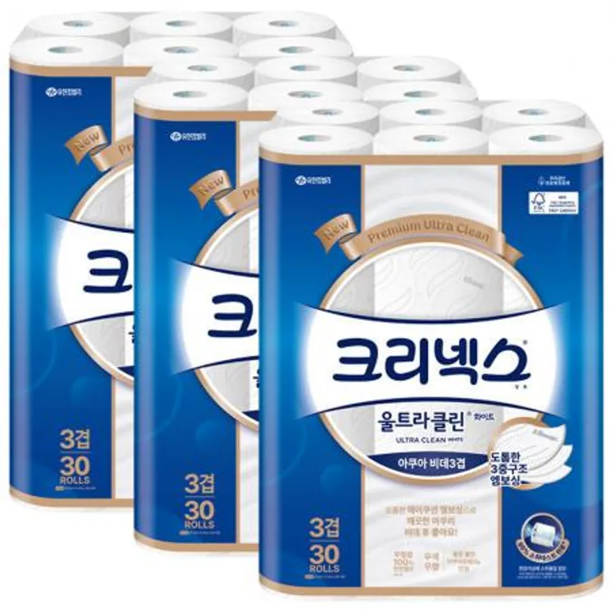 크리넥스 3겹 울트라클린 화이트 비데티슈 화장지 30m 30롤 x3개 이미지