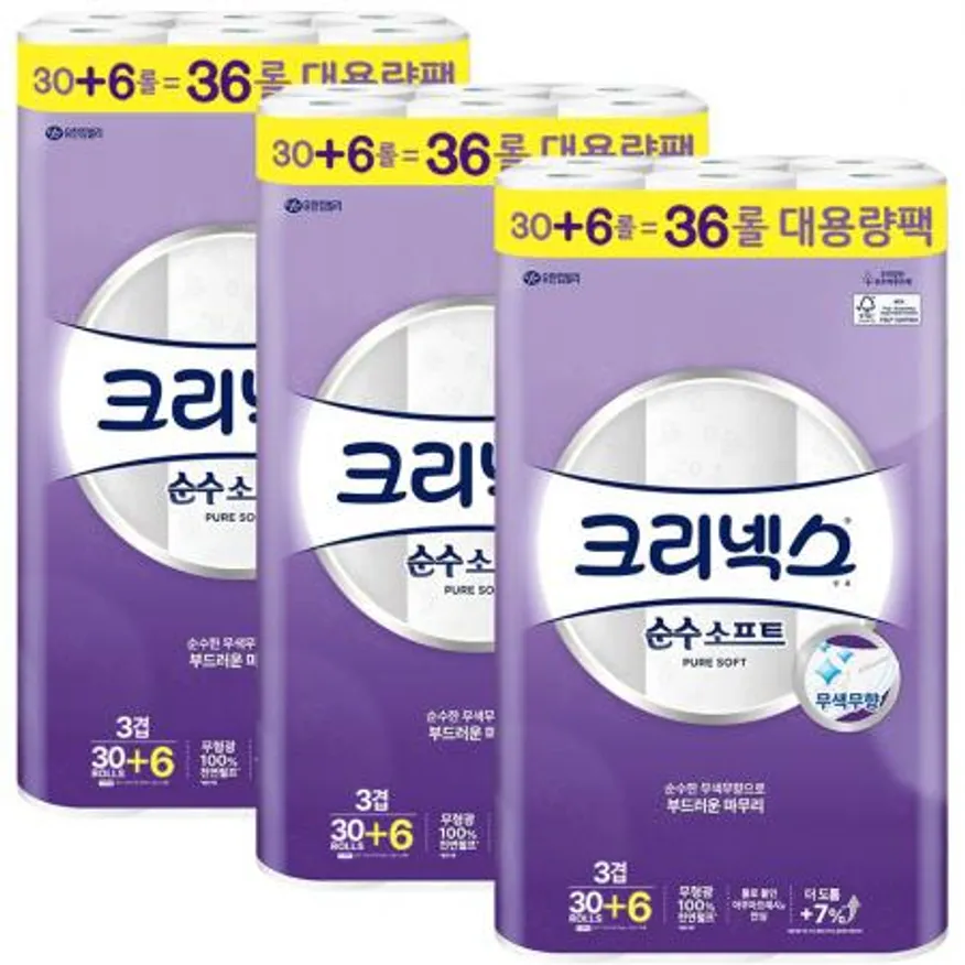 크리넥스 3겹 순수소프트 무색무향 화장지 30m 36롤 x3개 이미지